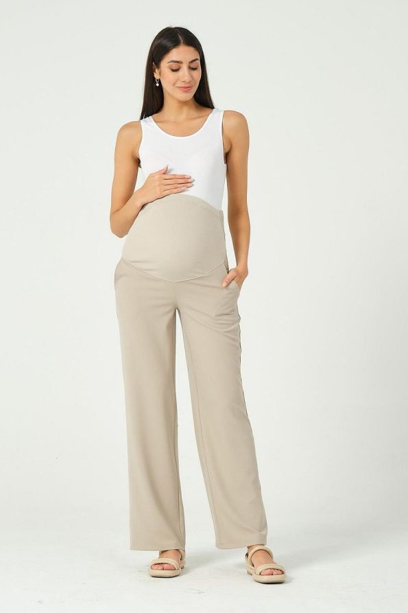 BUSA Maternity Stretch Belly Band Adjustable Wide Leg Gabardine Trousers Beige