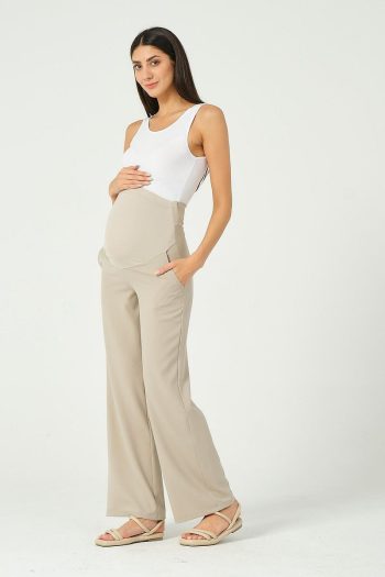 BUSA Maternity Stretch Belly Band Adjustable Wide Leg Gabardine Trousers Beige
