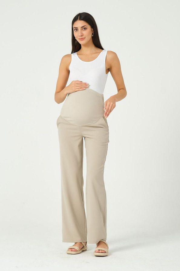 BUSA Maternity Stretch Belly Band Adjustable Wide Leg Gabardine Trousers Beige