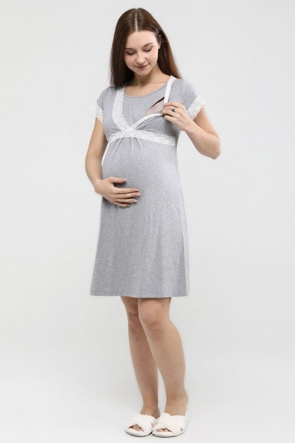 Luvmabelly Myra Front Split Lace Maternity Nightgown - Gray
