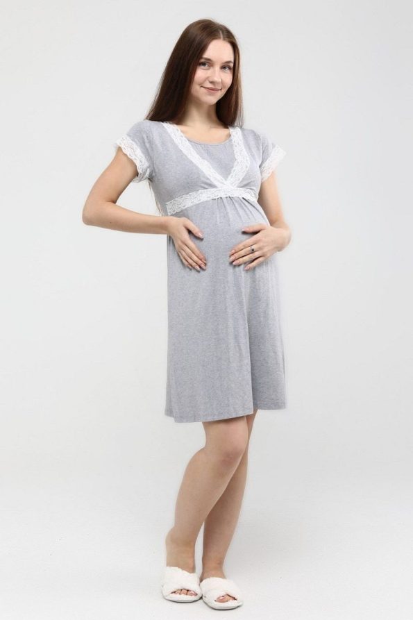 Luvmabelly Myra Front Split Lace Maternity Nightgown - Gray
