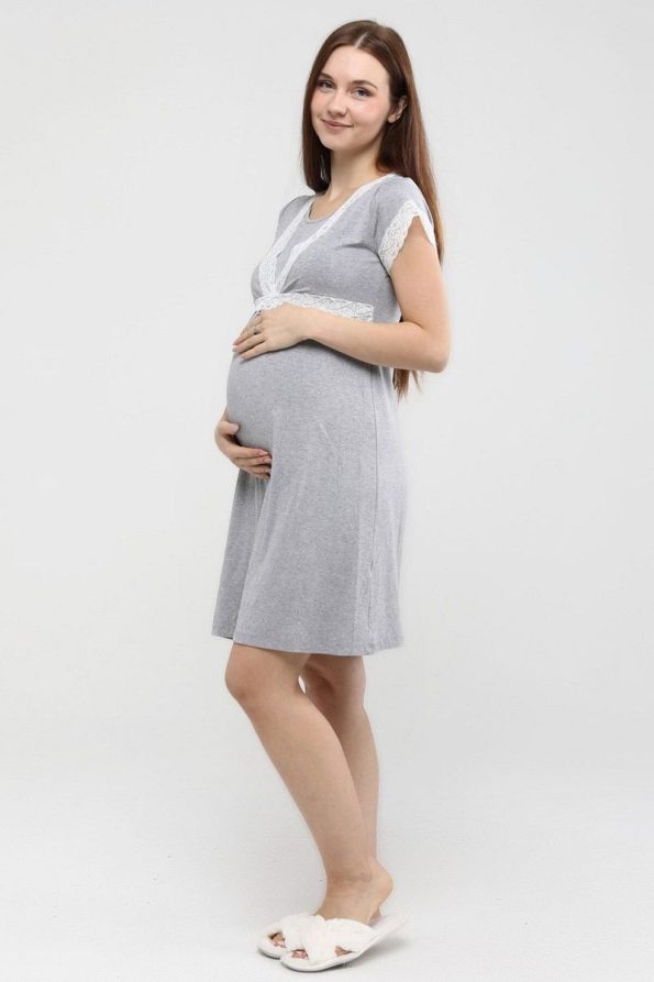 Luvmabelly Myra Front Split Lace Maternity Nightgown - Gray