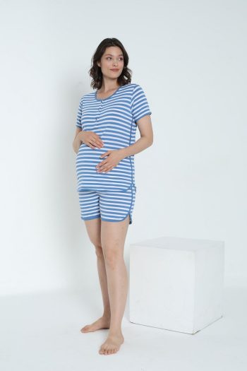 Miss World Lissa Striped Nursing-Friendly Maternity and Nursing Pajama Set with Shorts