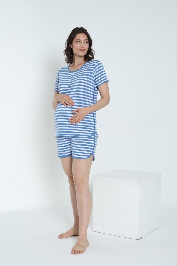 Miss World Lissa Striped Nursing-Friendly Maternity and Nursing Pajama Set with Shorts
