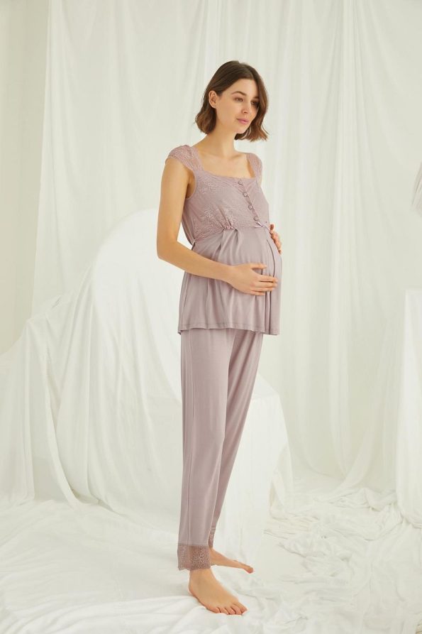 MONAMISE Lace Front Button Maternity Nursing Pajama Set