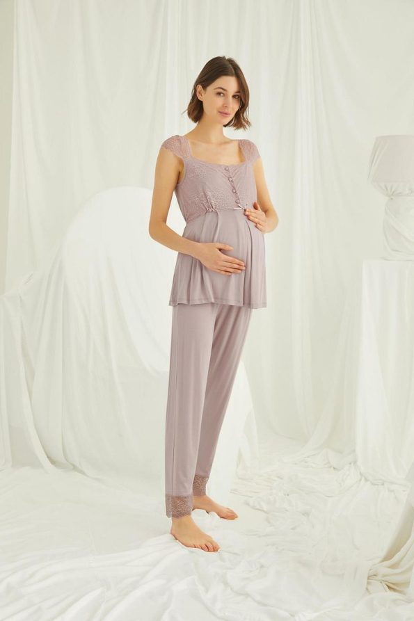 MONAMISE Lace Front Button Maternity Nursing Pajama Set