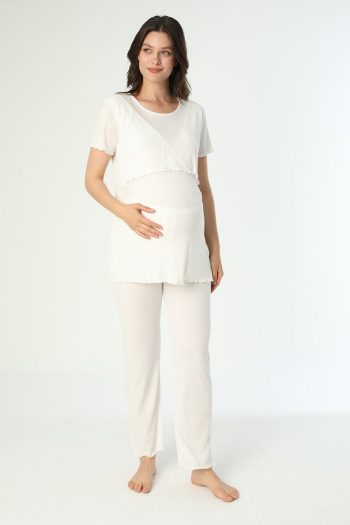 Miss World Lissa White Cotton Ribbed Knit Maternity and Nursing Pajama Set