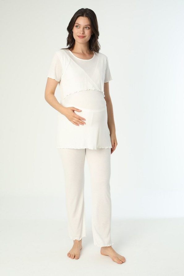 Miss World Lissa White Cotton Ribbed Knit Maternity and Nursing Pajama Set