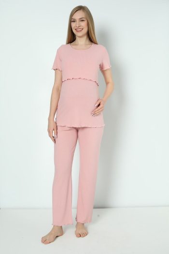 Miss Dünya Lissa Blush Cotton Ribbed Knit Maternity and Nursing Pajama Set