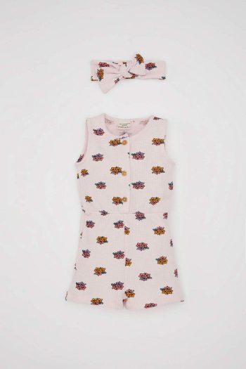 Floral Waffle Sleeveless Jumpsuit and Headband Set for Baby Girls
