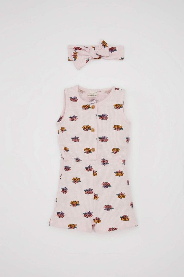Floral Waffle Sleeveless Jumpsuit and Headband Set for Baby Girls