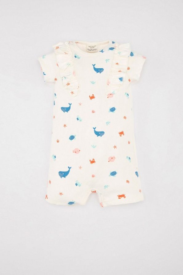 Defacto Baby Girl Newborn Sea Print Ribbed Short Sleeve Jumpsuit