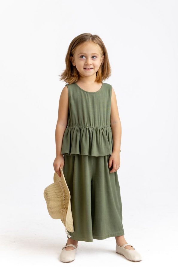 Oliven The Kid Ruffled Waist Button-Back Sleeveless Linen Girl's Jumpsuit in Khaki