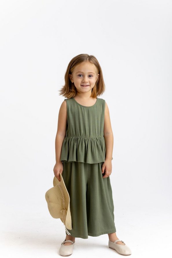 Oliven The Kid Ruffled Waist Button-Back Sleeveless Linen Girl's Jumpsuit in Khaki