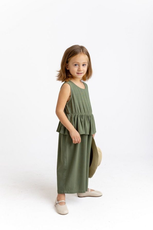 Oliven The Kid Ruffled Waist Button-Back Sleeveless Linen Girl's Jumpsuit in Khaki