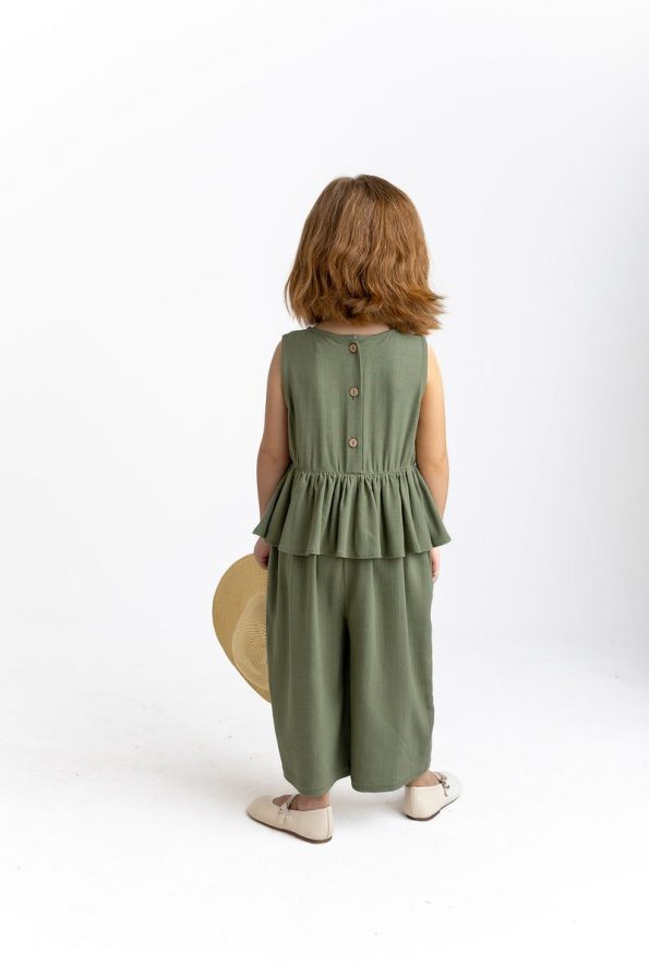 Oliven The Kid Ruffled Waist Button-Back Sleeveless Linen Girl's Jumpsuit in Khaki