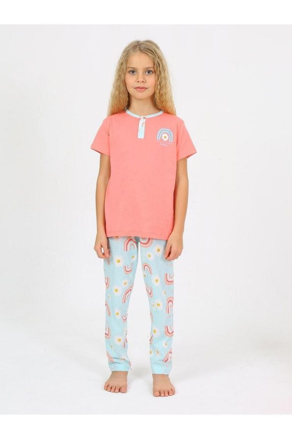 Vitmo Girls' Short Sleeve 100% Cotton Button Detail Rainbow Pajama Set