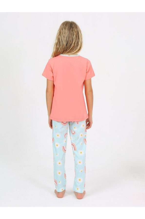 Vitmo Girls' Short Sleeve 100% Cotton Button Detail Rainbow Pajama Set