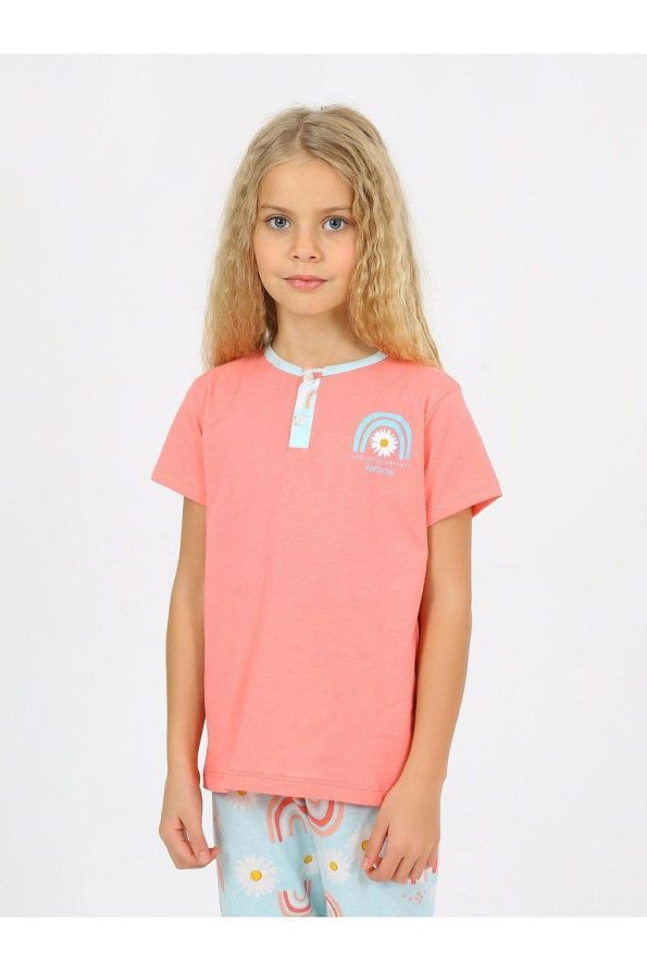 Vitmo Girls' Short Sleeve 100% Cotton Button Detail Rainbow Pajama Set