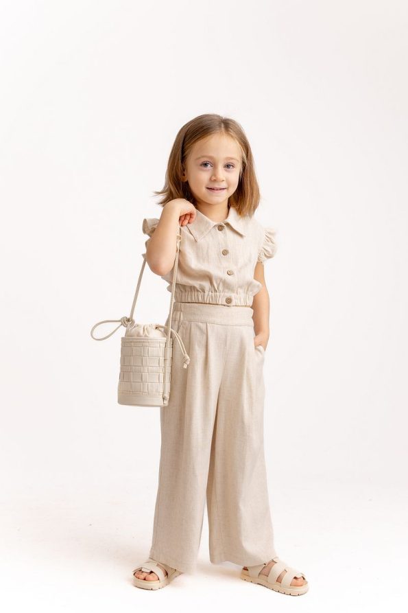 Oliven The Kid Beige Linen Pleated Wide Leg Pants for Girls