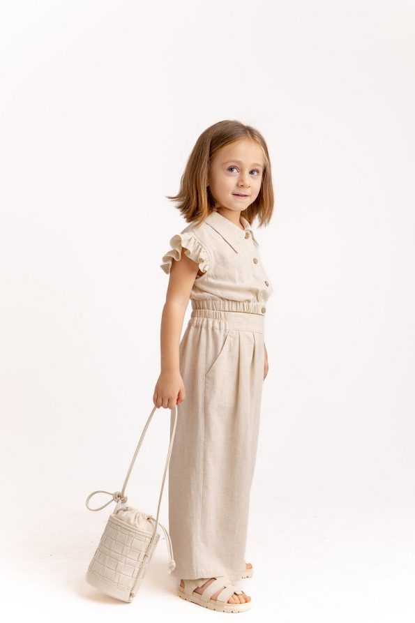 Oliven The Kid Beige Linen Pleated Wide Leg Pants for Girls
