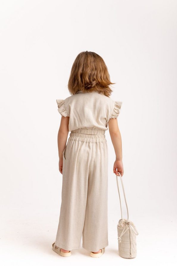 Oliven The Kid Beige Linen Pleated Wide Leg Pants for Girls