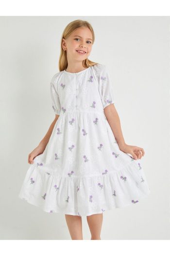 Cotton Floral Dress with Embroidery and Puff Sleeves