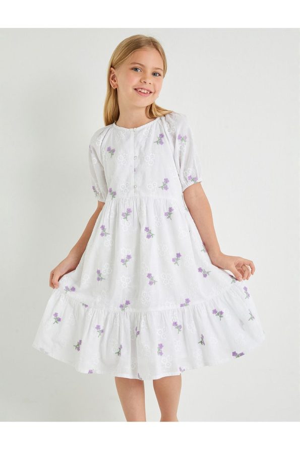 Cotton Floral Dress with Embroidery and Puff Sleeves