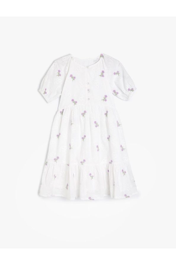 Cotton Floral Dress with Embroidery and Puff Sleeves