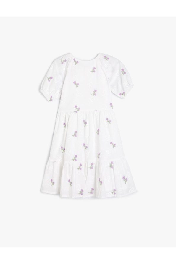Cotton Floral Dress with Embroidery and Puff Sleeves