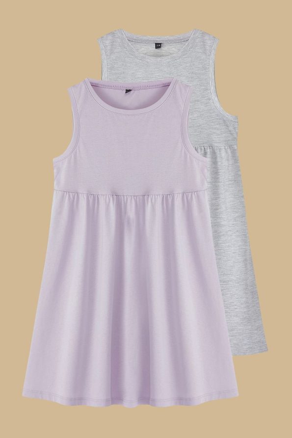 Trendyolmilla Kids Gray-Lilac 2-Pack Girls' Basic Patterned Sleeveless Mini Knit Dress