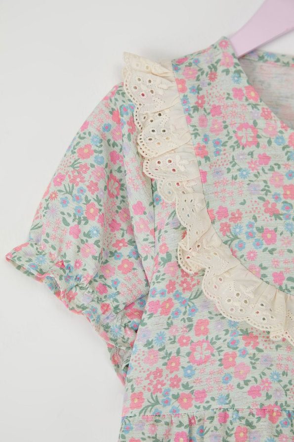 Trendyolmilla Kids Mint Green Cotton Floral Embroidered Short Sleeve Mini Dress