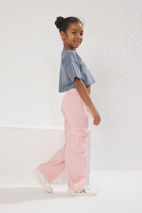 Trendyolmilla Kids Pink Girls' 100% Cotton Pocket Detail Wide Leg Elastic Denim Pants