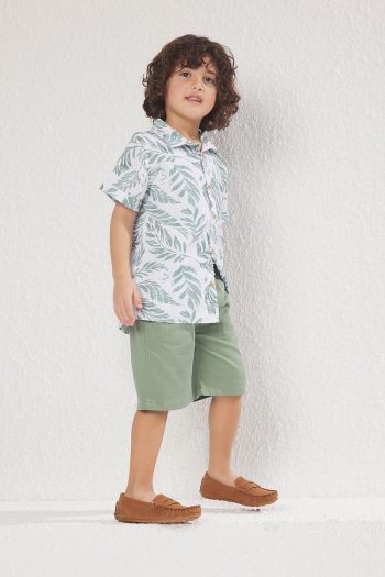 Trendyolmilla Kids Green Cotton Tropical Print Shirt and Shorts Set