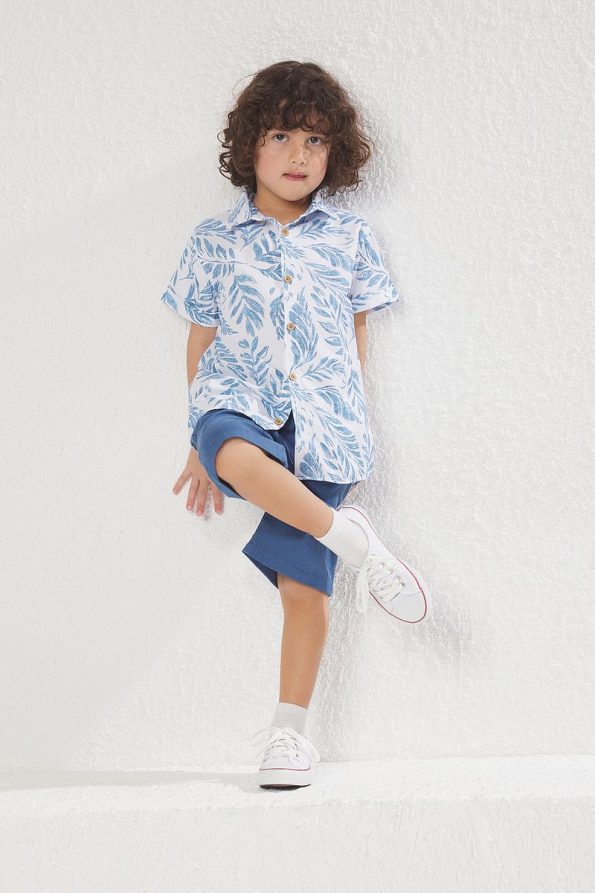 Trendyolmilla Kids Blue Cotton Tropical Print Shirt and Shorts Set