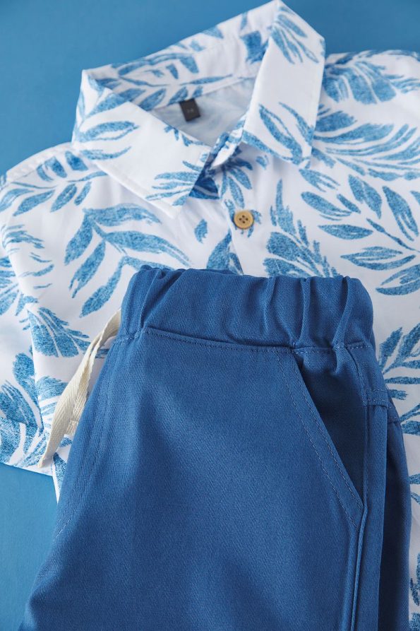 Trendyolmilla Kids Blue Cotton Tropical Print Shirt and Shorts Set
