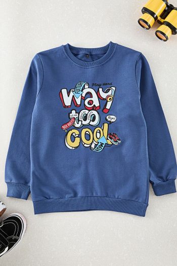 Trendyolmilla Kids Indigo Boys Slogan Print Cotton Crew Neck Sweatshirt