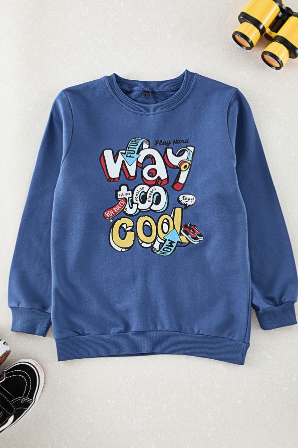 Trendyolmilla Kids Indigo Boys Slogan Print Cotton Crew Neck Sweatshirt