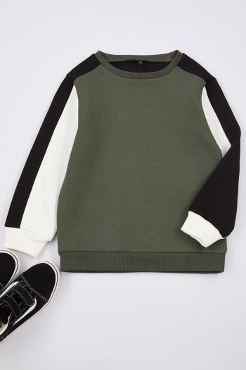 Trendyolmilla Kids Olive Green Color Block Cotton Sweatshirt