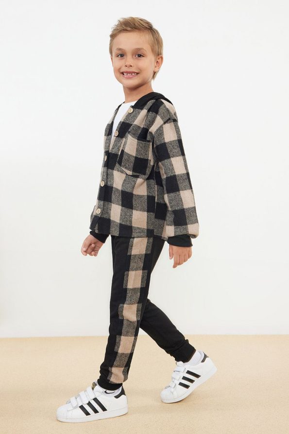 Trendyolmilla Kids Black Boys' Cotton Check 3-Piece T-Shirt and Pants Set