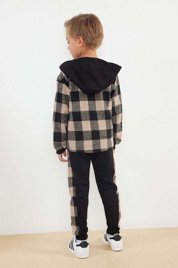 Trendyolmilla Kids Black Boys' Cotton Check 3-Piece T-Shirt and Pants Set