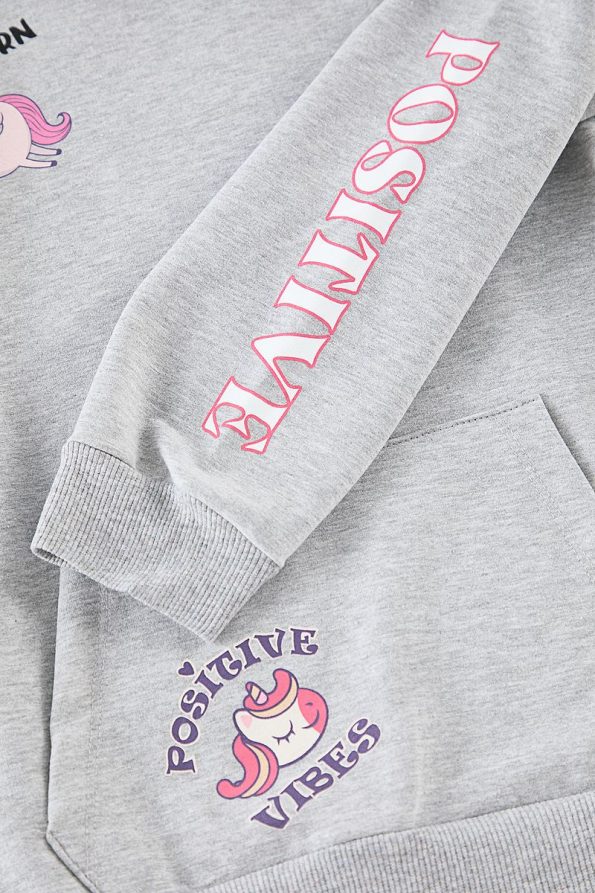 Trendyolmilla Kids Grey Hooded Seasonal Print Sweatshirt for Girls