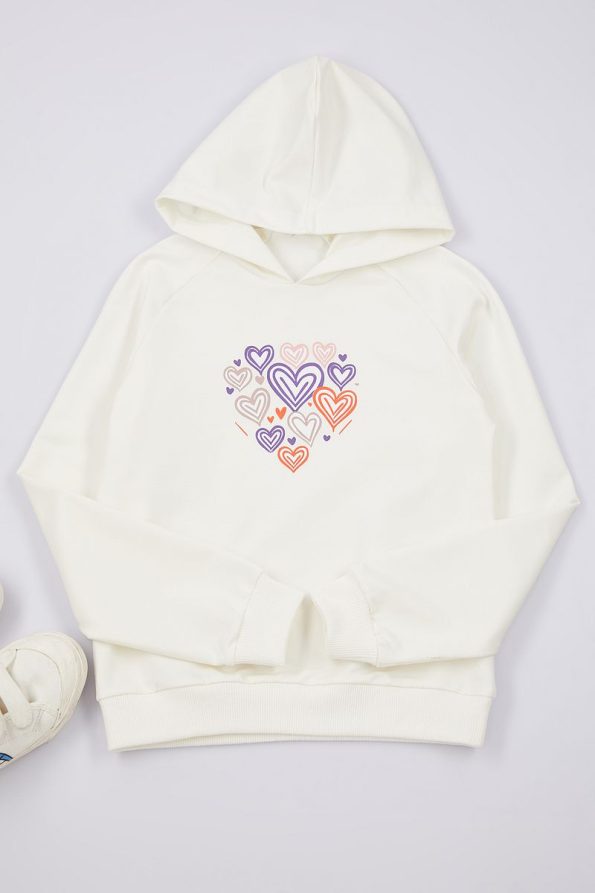 Trendyolmilla Kids Cream Heart Print Hooded Sweatshirt