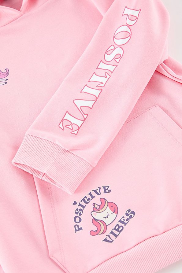 Trendyolmilla Kids Light Pink Hooded Seasonal Printed Sleeve Sweatshirt