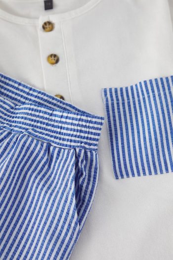 Trendyolmilla Kids Cream Boys' 100% Cotton Striped Pocket Detail T-Shirt and Shorts Set