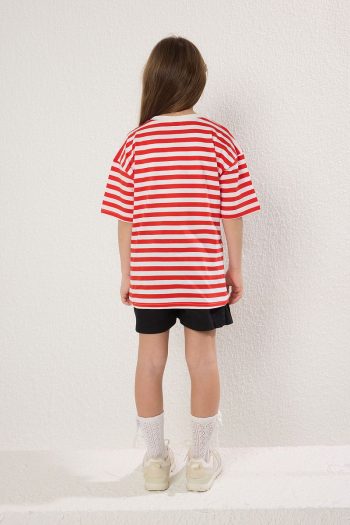 Trendyolmilla Kids Red Striped Cotton Heart Embroidered Oversized Short Sleeve T-Shirt