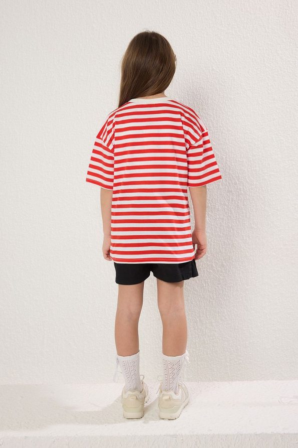 Trendyolmilla Kids Red Striped Cotton Heart Embroidered Oversized Short Sleeve T-Shirt