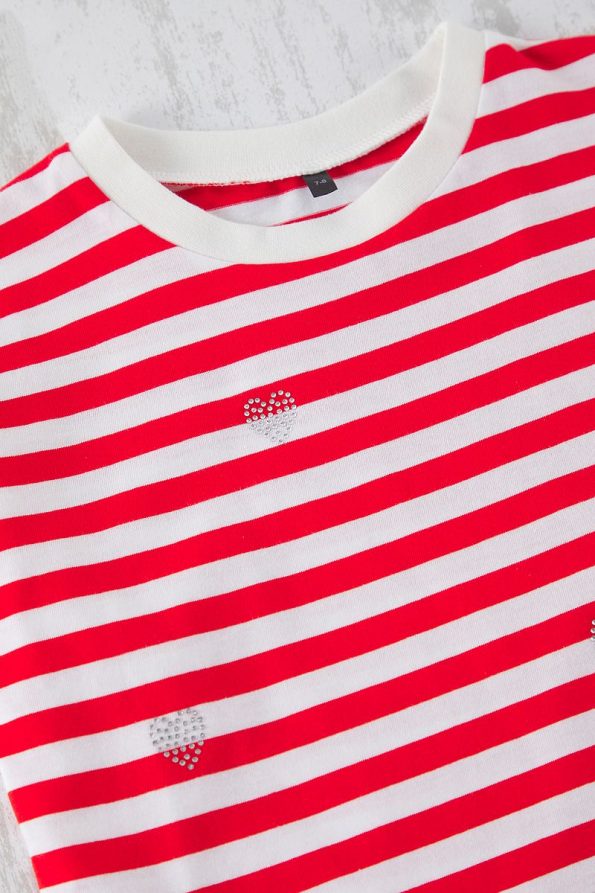 Trendyolmilla Kids Red Striped Cotton Heart Embroidered Oversized Short Sleeve T-Shirt