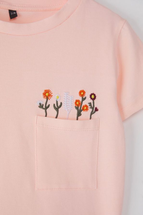Trendyolmilla Kids Pink Cotton Floral Pocket Short Sleeve T-Shirt
