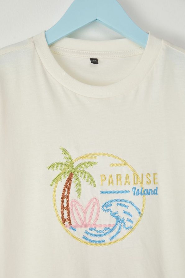 Trendyolmilla Kids Cream Cotton Palm Embroidered Regular Fit Short Sleeve T-Shirt
